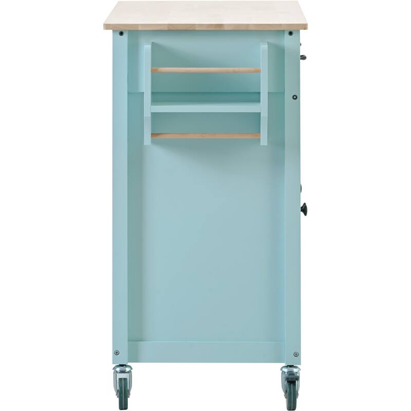 Kitchen Island Cart with Solid Wood Top and Locking Wheels, 4 Door Closed Kitchen Cabinet with Drawers and Storage Rack, Green