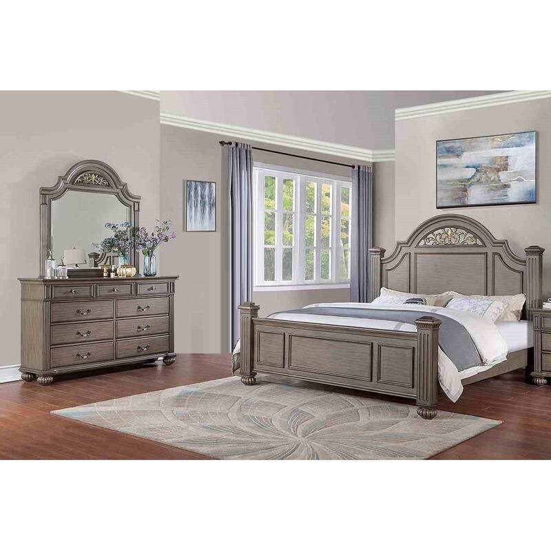 Royal Gray Finish Designer 3pc Bedroom Set Bed Dresser Mirror