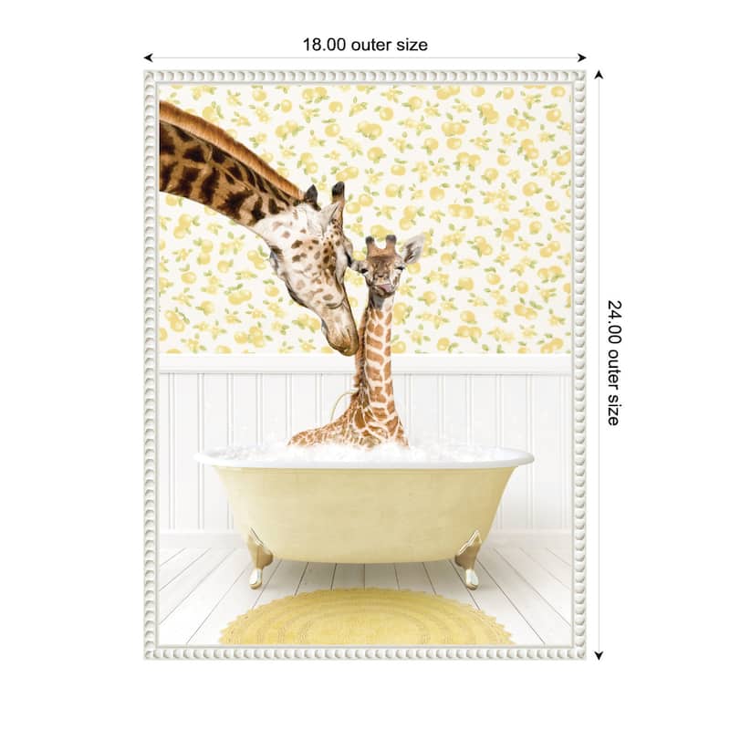 Kate and Laurel Sylvie Mother and Baby Giraffe in Cottage Yellow Bathtub Framed Canvas by Amy Peterson