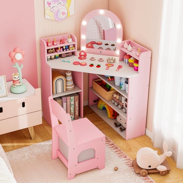 slide 2 of 7, 2 in 1 Toddler Vanity Table & Chair Set w/Lighted Mirror for Girls