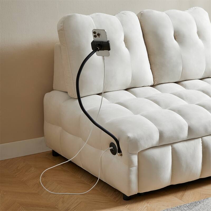 Velvet Pull Out Sofa with Removable Backrest,USB Port and Phone Stand