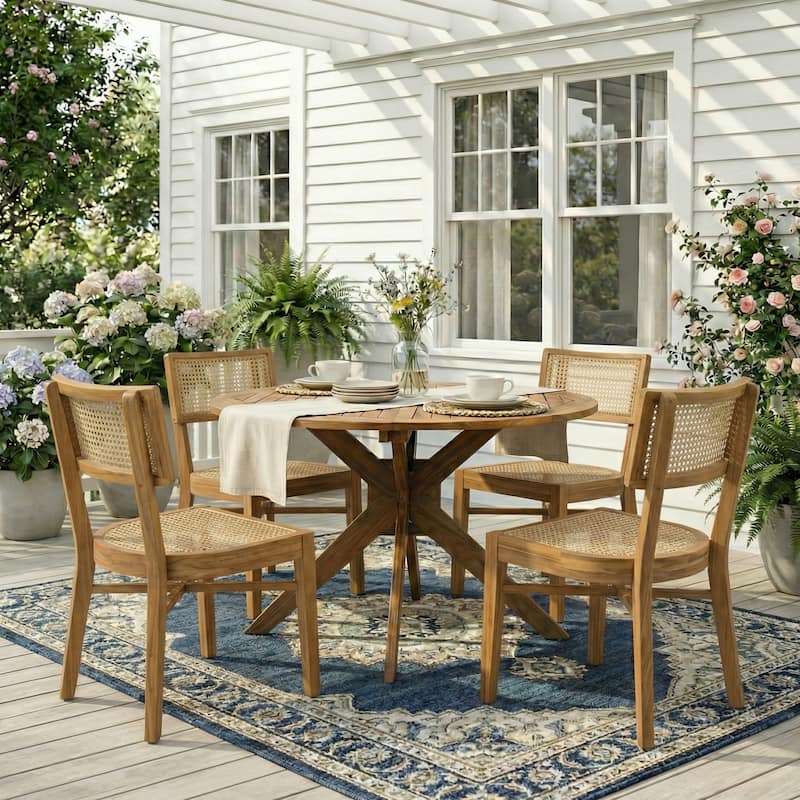 Christopher Knight Home - Harborwind Outdoor Acacia Wood 5-Piece Dining Set with Wicker Chairs - Light Brown,Teak
