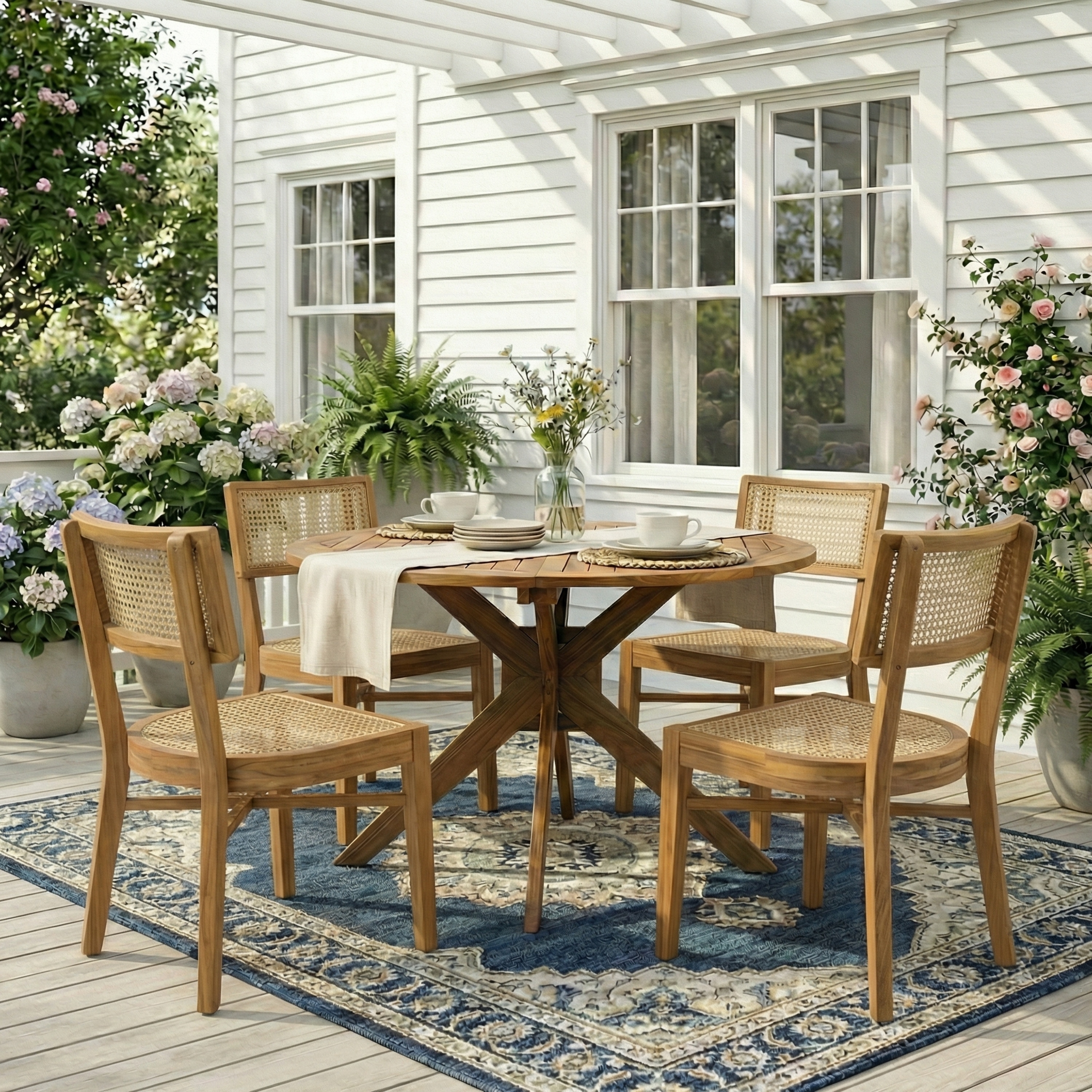 Christopher Knight Home - Harborwind Outdoor Acacia Wood 5-Piece Dining Set with Wicker Chairs