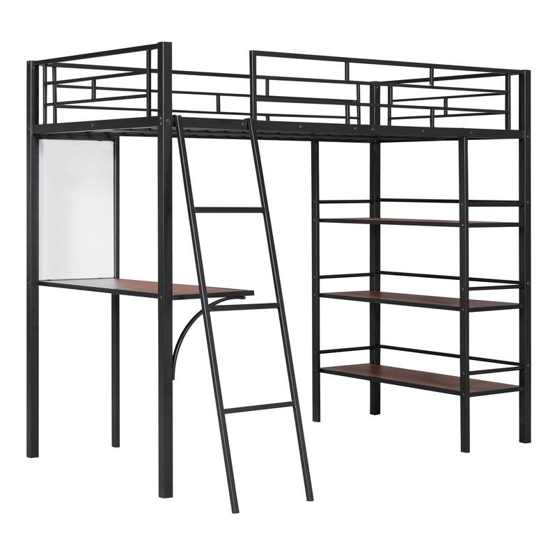 Stylish Loft Metal Bed with 3-Layer Shelves, Built-in Desk & Whiteboard - Modern Frame Design