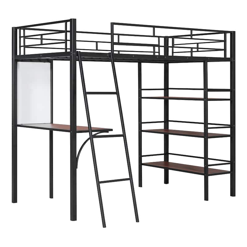 Twin Loft Metal Bed Frame w/3 Layers of Shelves&Desk,Whiteboard,Black ...