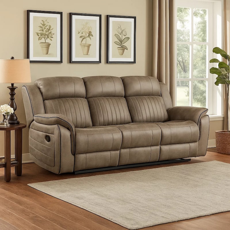 Bento 84 Inch Double Manual Recliner Sofa, Sandy Brown Polished Microfiber