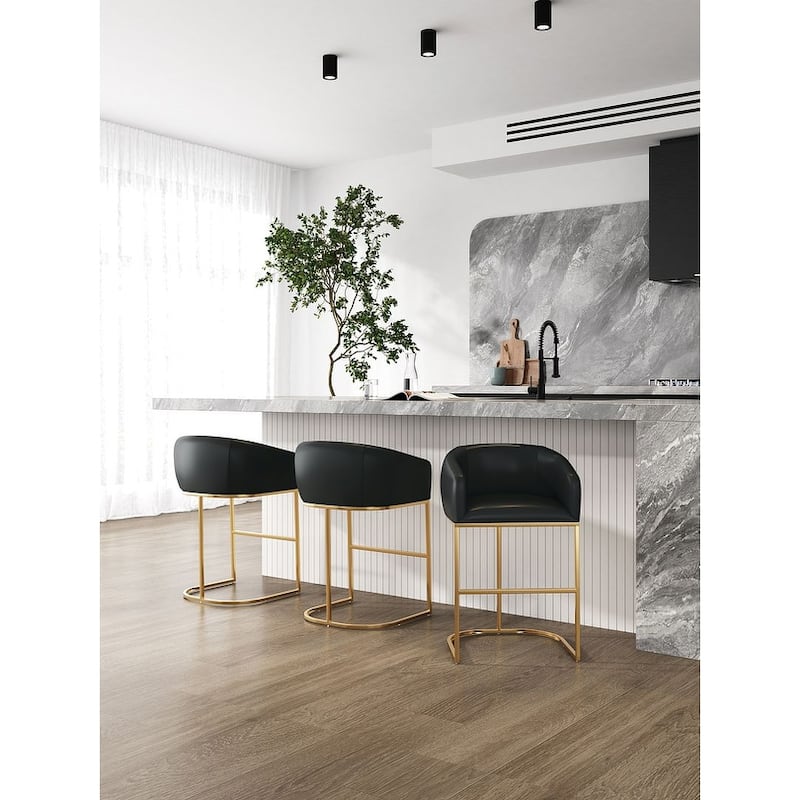 Manhattan Comfort Louvre Mid-Century Modern Leatherette Upholstered Counter Barstool - Black - Set of 3 - Counter Height