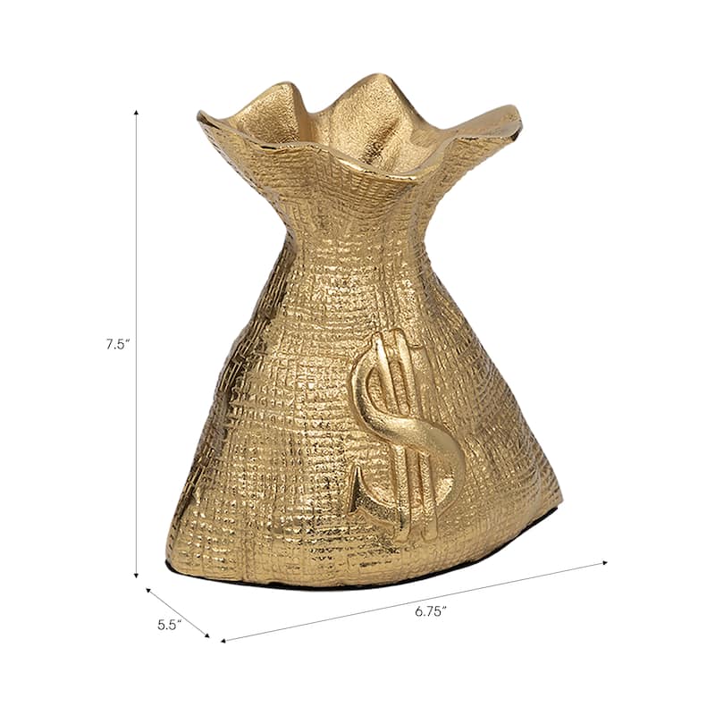 Modern Metal Money Bag Figurine Sculpture - 8", Gold & Metallic - 7.25"