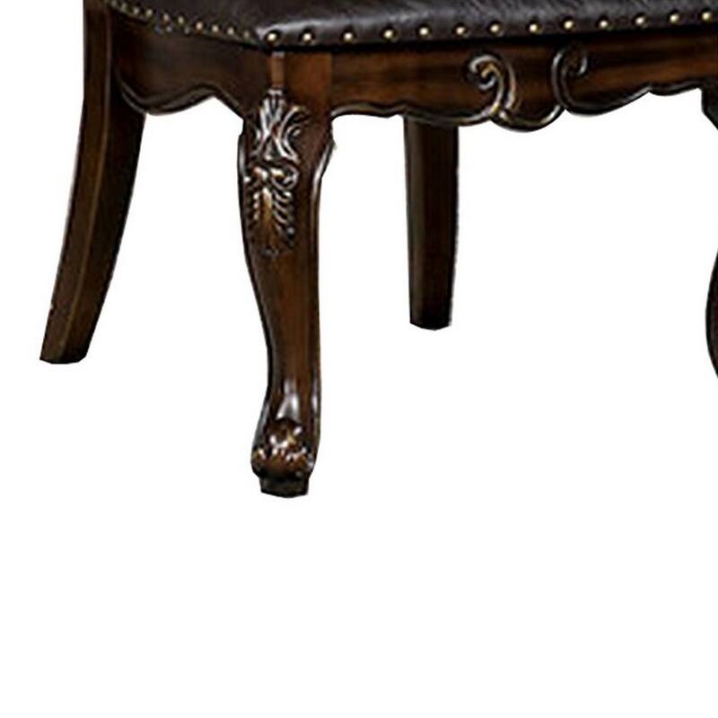 Ons 23 Inch Carved Dining Chair, Set of 2, Nailhead Trim Brown Faux Leather
