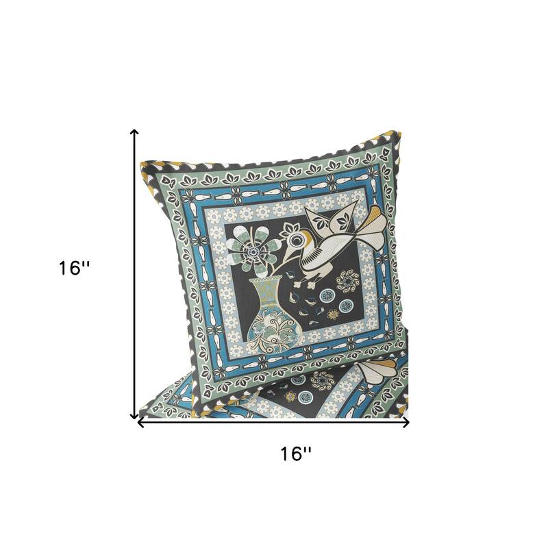 HomeRoots Set of Two 16" X 16" Black and Blue Peacock Blown Seam Floral Indoor Outdoor Throw Pillow - 16.00' X '16.00' X '5.00