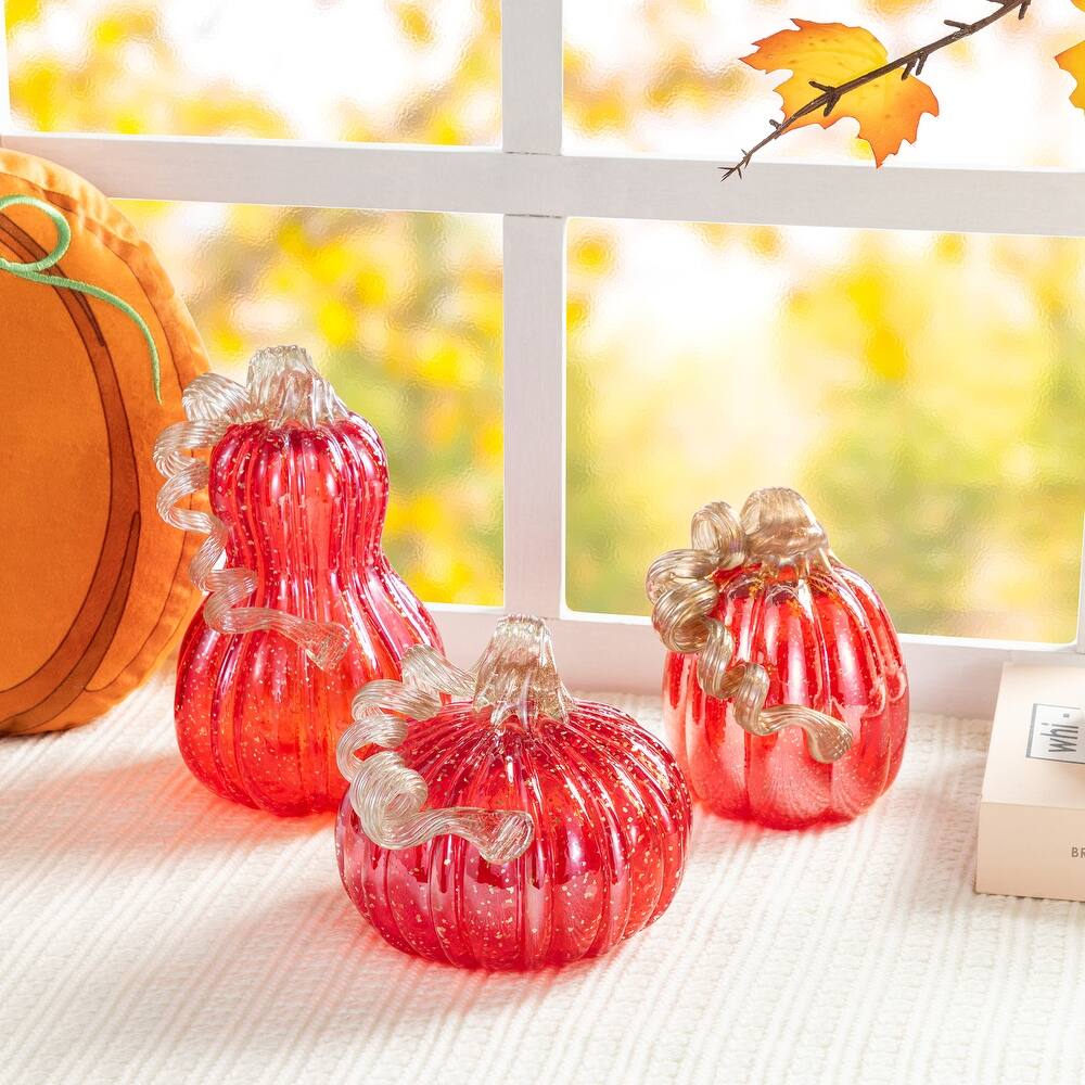 Glitzhome Set of 3 Fall Thanksgiving Red Glass Pumpkin & Gourd with Glitter Table Decor