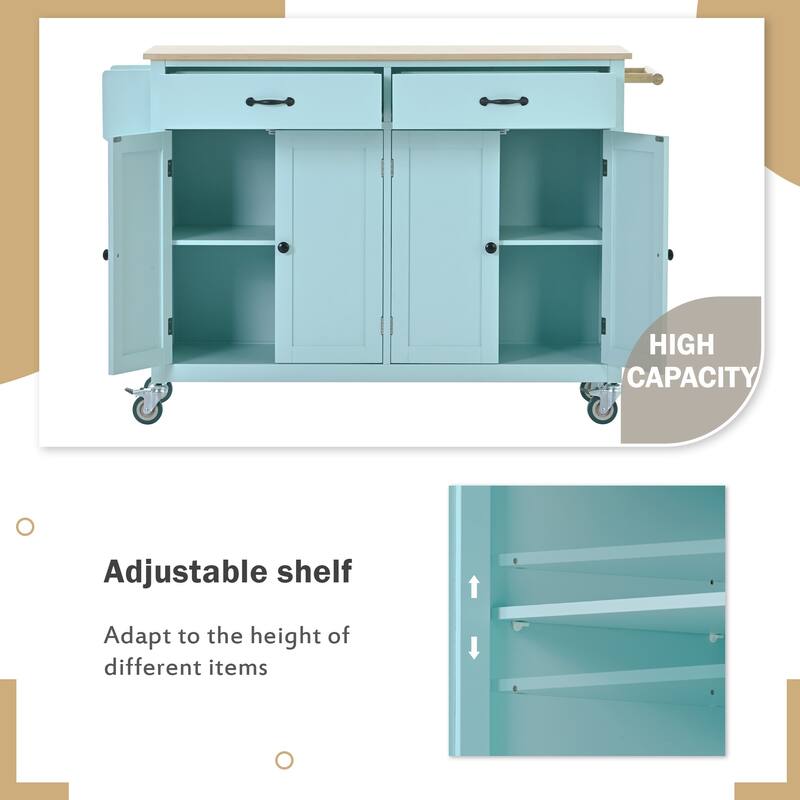 Kitchen Island Cart with Solid Wood Top, 4 Door Cabinet, 2 Drawers, Spice & Towel Rack, Locking Wheels, 54.3" - White