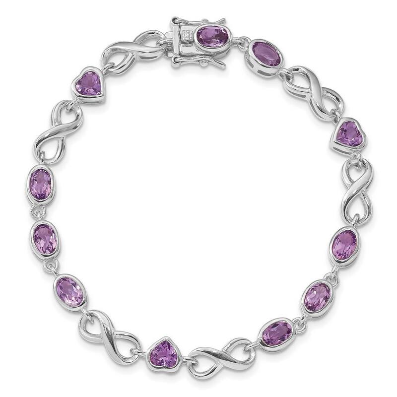 Curata 925 Sterling Silver Polished Box Catch Closure Oval Love Heart Amethyst Bracelet