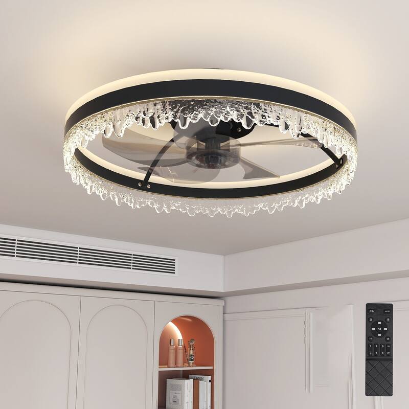LunaDrift 16"20"24" Modern Black Crystal Smart Flush Mount Ceiling Fan with Light, Dimmable Bedroom Ceiling Fan w/Remote