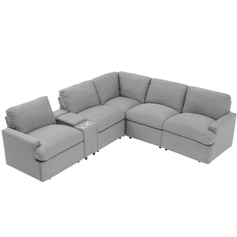 104" Linen Recliner Sectional Sofa (4-Seater) with Storage, USB & Cup Holders