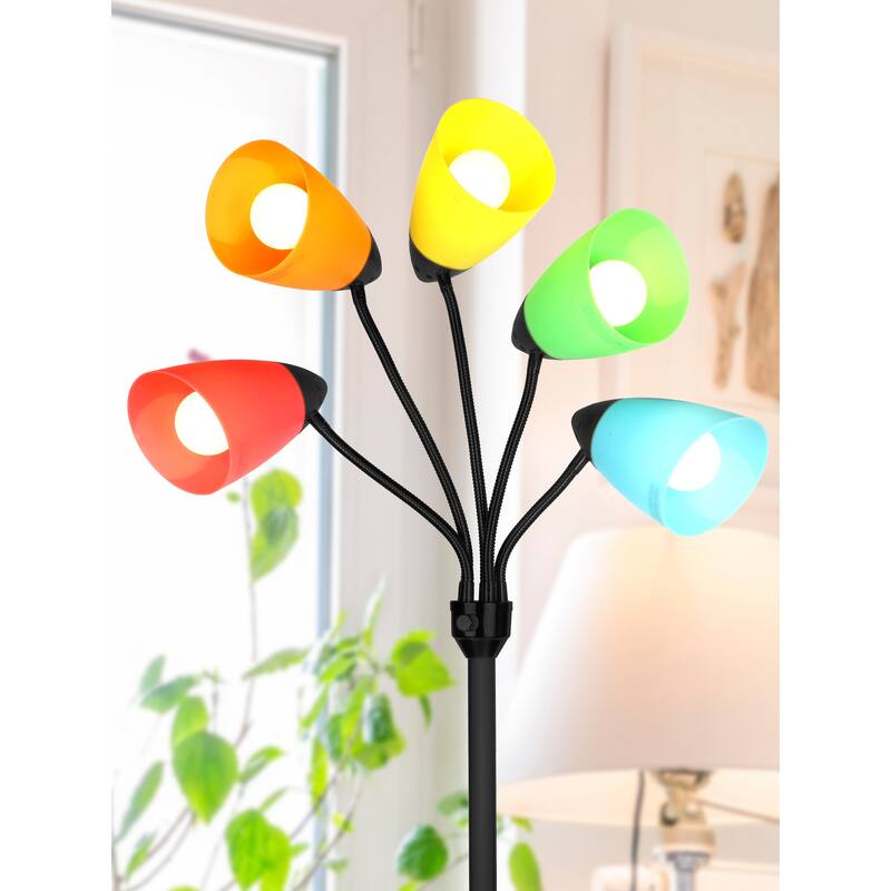 Brightech Medusa 74 in. Classic Black Modern 5-Light Height Adjustable Gooseneck LED Floor Lamp with 5 Multicolored Cone Shades