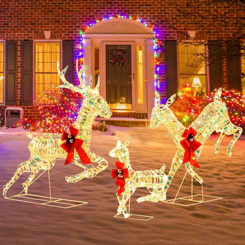 Gymax Christmas Lighted Reindeer w/ LED Lights & Red Bows Stakes - Multi - See Details