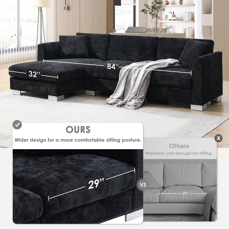 L-Shaped Sectional Sofa with Chaise Lounge, Oversized Chenille Upholstered Sofa, 4 Seater Sofa with 2 Throw Pillows