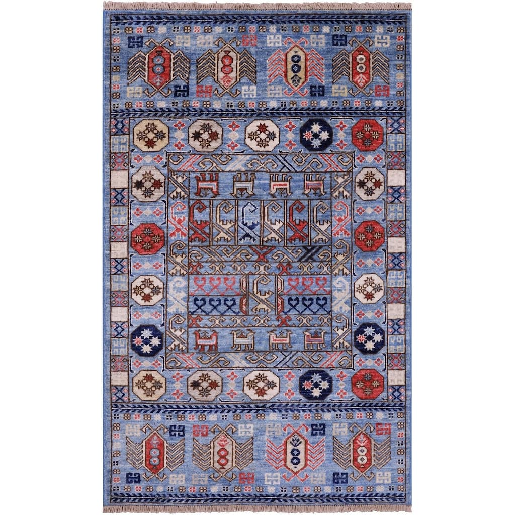 Golden Nile Blue Turkmen Ersari Hand Knotted Wool Rug - 3' 1" X 4' 11"
