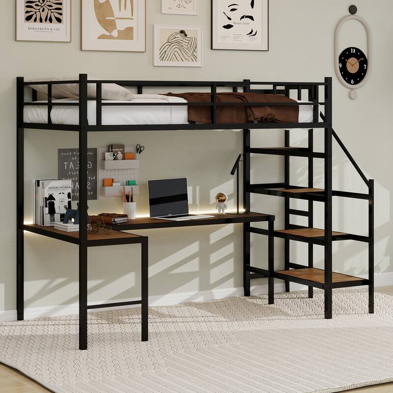 GDFStudio - Iron Loft Bed with L-Shaped Desk & Storage Stairs