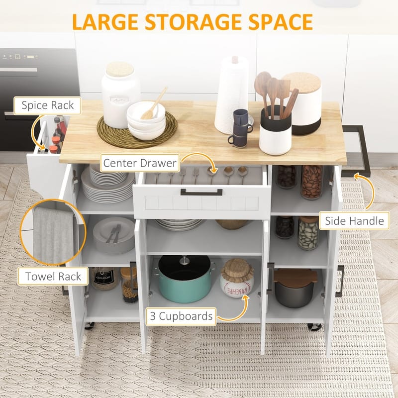 52"Kitchen Island Rolling Kitchen Cart with Rubberwood Top,Spice Rack,Towel Rack,Drawer