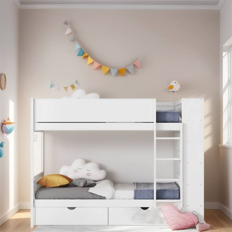 Twin Over Twin Wood Bunk Bed with 2 Drawers and Multi-layer Cabinet