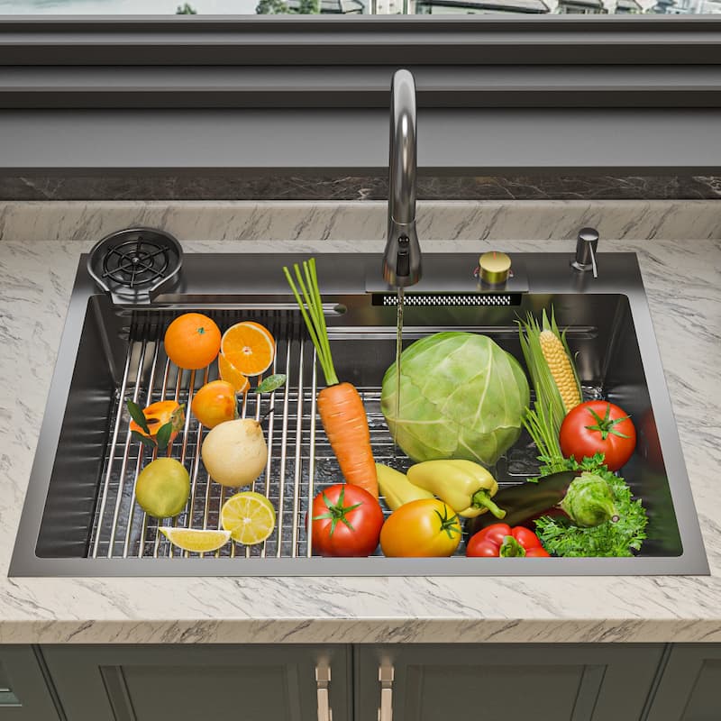 All-in-One Stainless Steel 33.2 in. Bowl Kitchen Workstation Sink