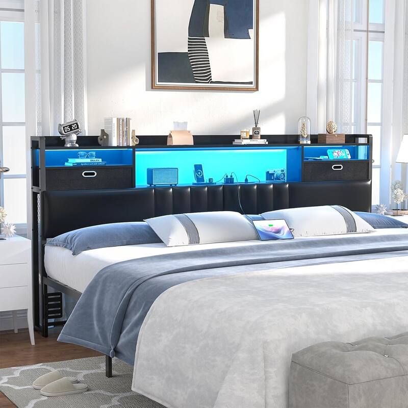 Upholstered Headboard with Drawer Storage and RGB LED Light, Sturdy Headboard with Charging Station ＆ Bookcase