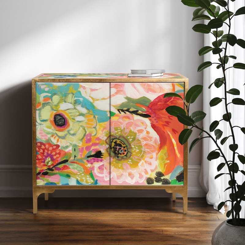 "Secret Garden Floral" Cabinet Console Table on Beveled Reverse Printed Art Glass with Iron Gold Leafed Frame