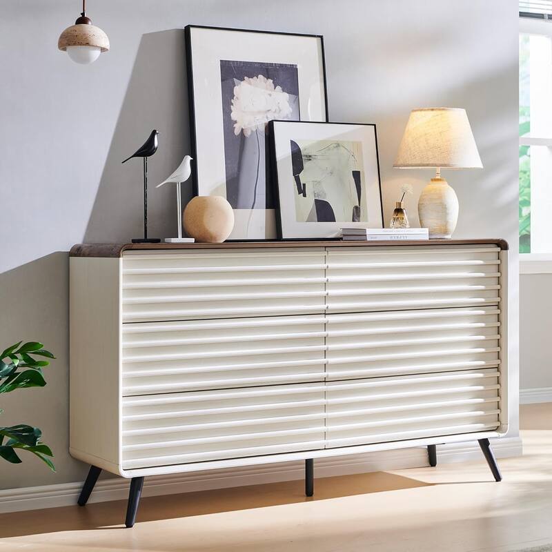 Mid Century Modern 6 Drawers Dresser, Wood Fluted Chest of Drawers - Antique White