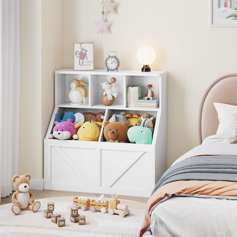 Kids Bookshelf and Toy Storage, Toy Storage Organizer with Storage Cabinet and Toy Shelf, Toddler Book Shelf