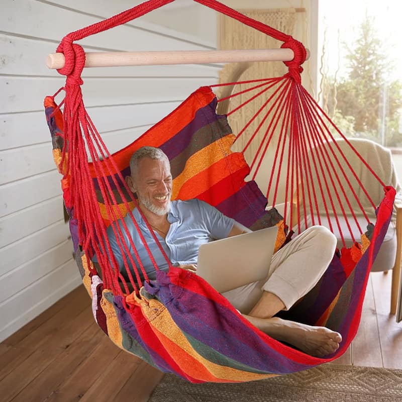 Cotton Canvas Swing Seat Hanging Hammock Chair with Pillows and Wooden Bar for Indoor or Outdoor - 39” x 51”