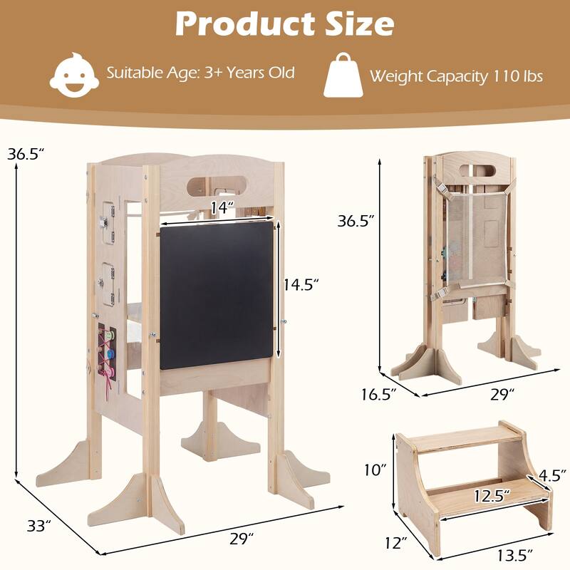 Gymax Foldable Toddler Step Stool Wooden Kitchen Standing Tower w/ - Natural