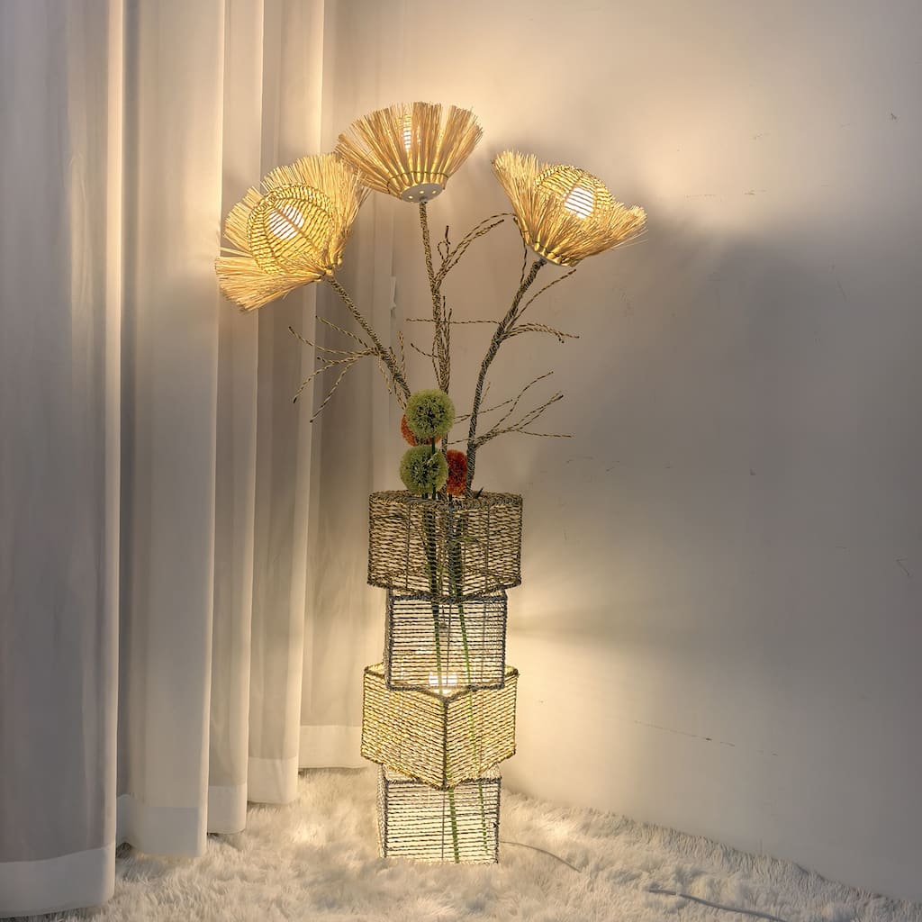 LED Bulbs Floor Lamp Pastoral Style with Hand-Woven Flower - W 10.83" x H 51.18"