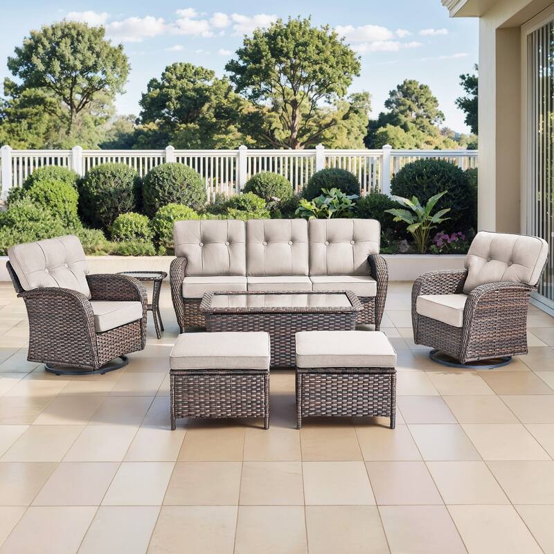 Gymojoy Outdoor Wicker Patio Furniture Set, 5" Thick Cushioned Rattan Set with Swivel Chairs & Coffee Table - Brown Wicker / Beige Cusion - 7-Piece