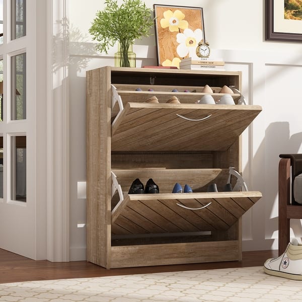 Timechee 8 Pair Shoe Storage Cabinet with 2 Drawers, Wood Color