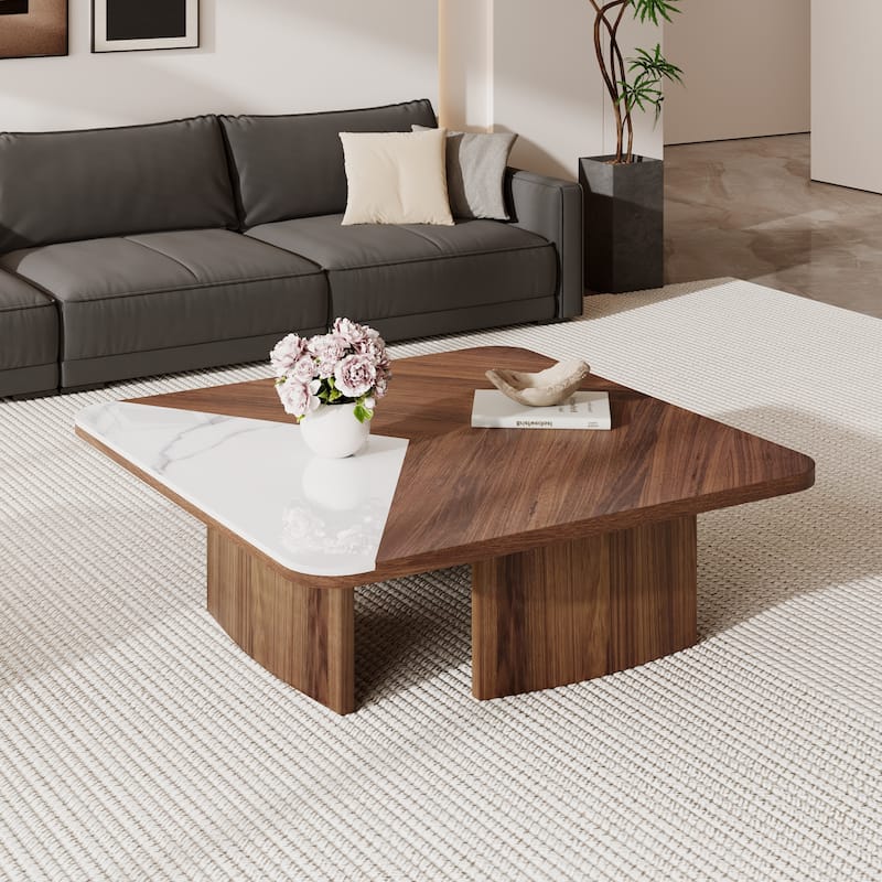 Modern 35.43" Square Coffee Table, Solid Wood Veneer with White Sintered Stone Table Top