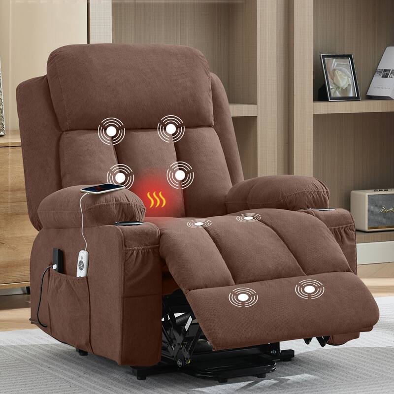 Power Lift Recliner Chair with Heat and Massage Electric Fabric Recliner Chair with Side Pocket, USB Charge Port, Remote Control