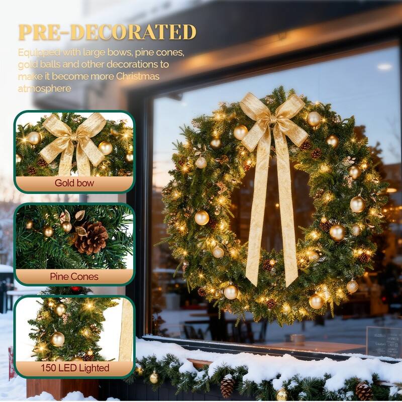 4Pre-lit Christmas Wreath with Warm White Lights and DIY Ornaments for Front Door Gate Wall Xmas Party Decorations