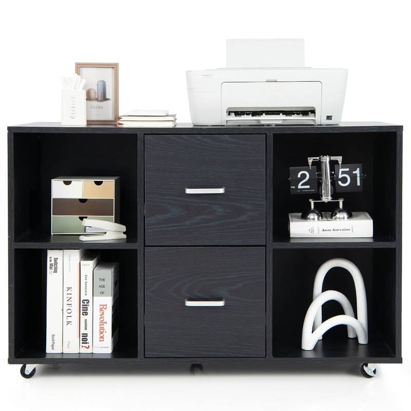 Gymax Rolling Wood File Cabinet w/ 2 Large Drawers & 4 Open - Black - Legal