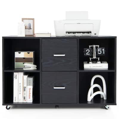 Gymax Rolling Wood File Cabinet w/ 2 Large Drawers & 4 Open