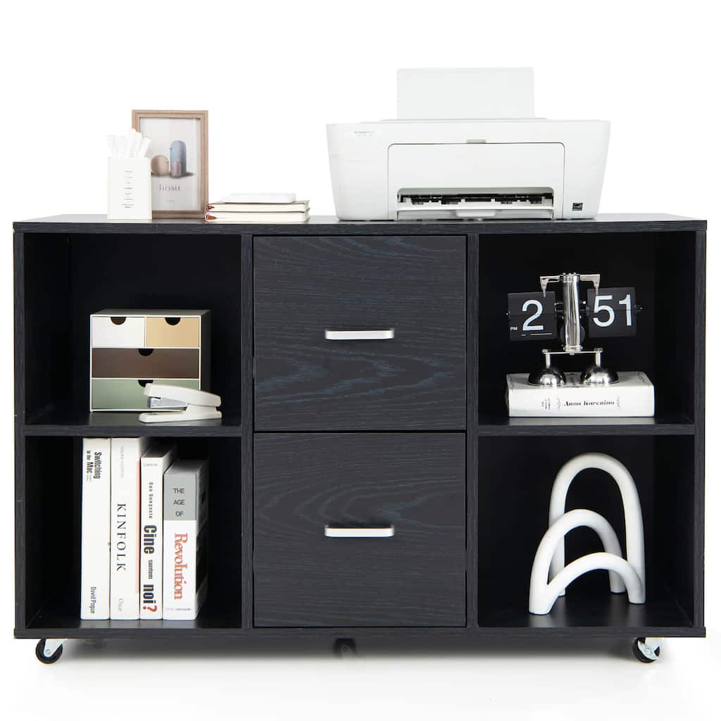 Gymax Rolling Wood File Cabinet w/ 2 Large Drawers & 4 Open