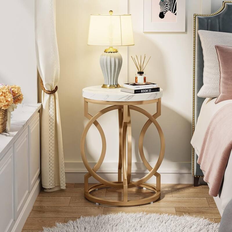 20"Round End Table with Faux Marble Top, Modern Accent Side Table with Gold O-Shaped Base, Nightstand for Living Room & Bedroom - White+Gold