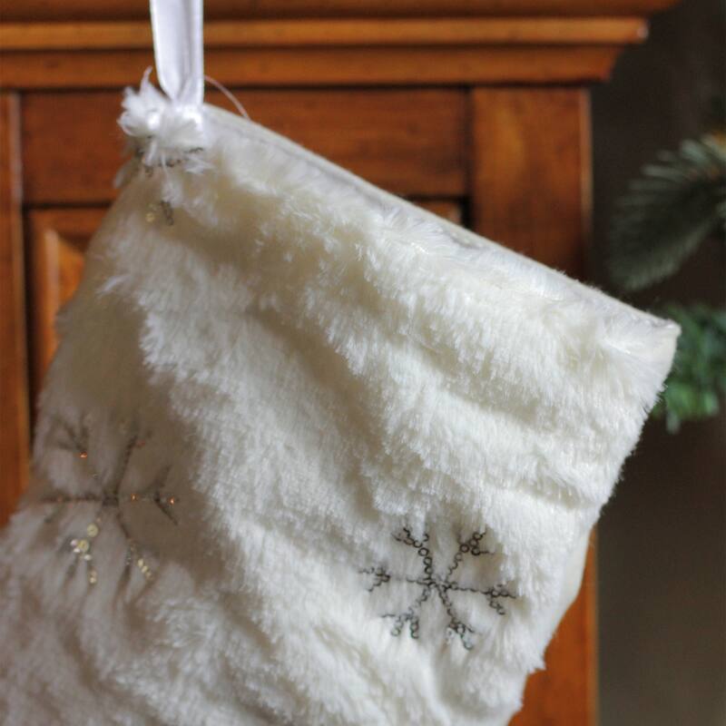 18" White Fur Christmas Stocking with Silver Sequined Snowflakes