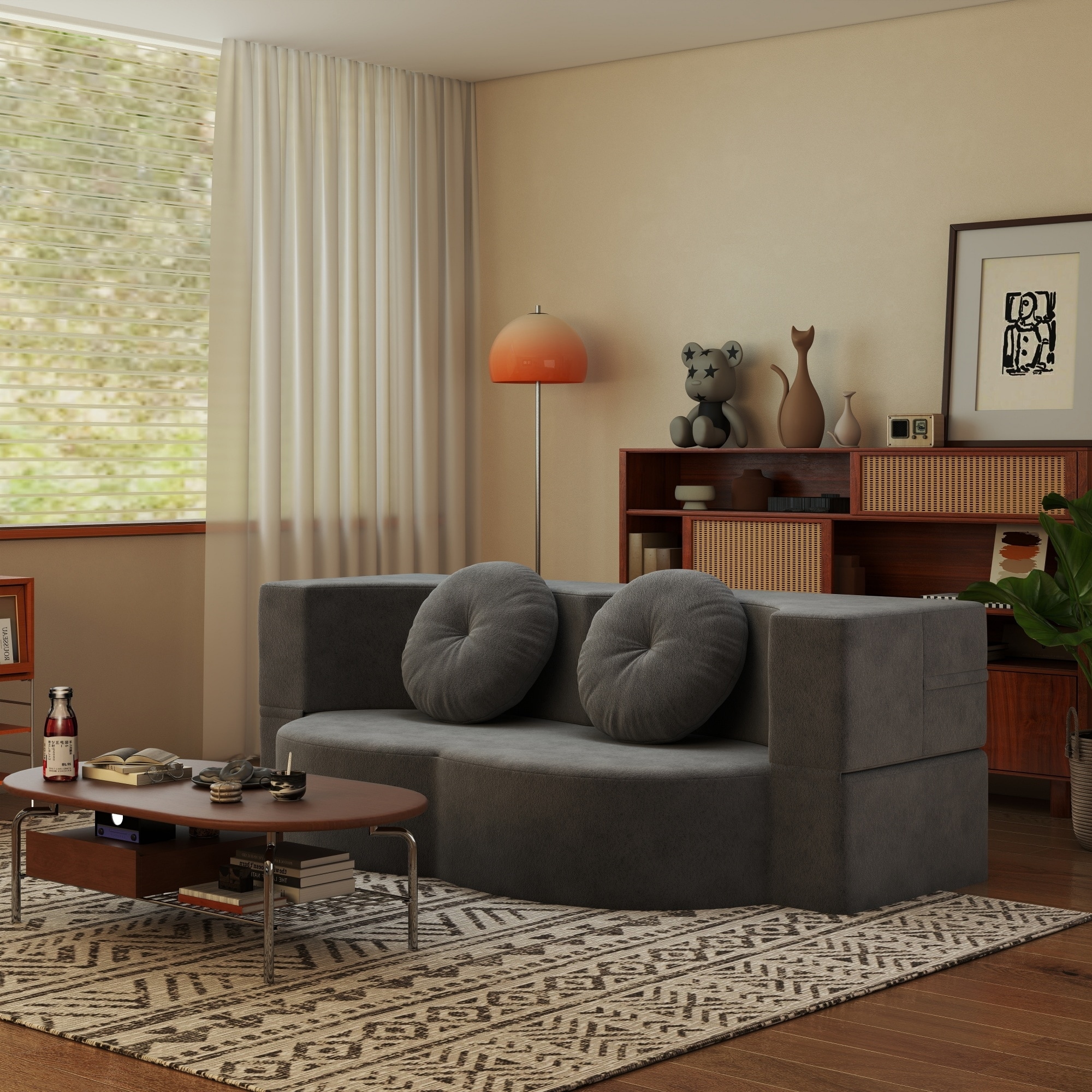 Modern Floor Sofa with 2 Pillows,Convertible Plush Corduroy Foam-Filled Sleeper Sofa Bed