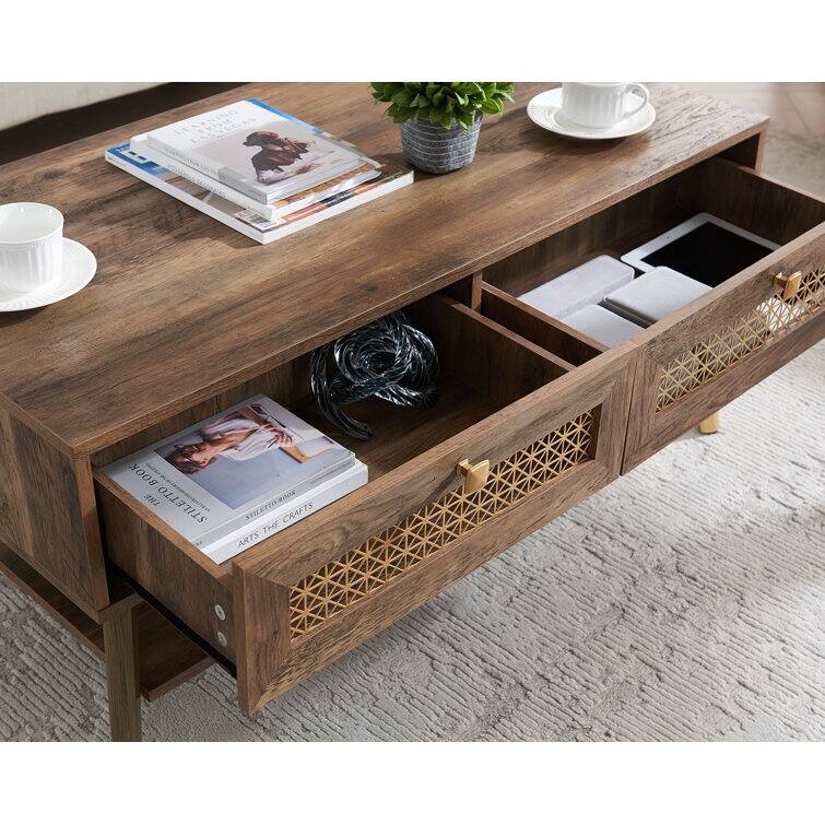 Single Wood Rectangle Coffee Table With 2 Drawers