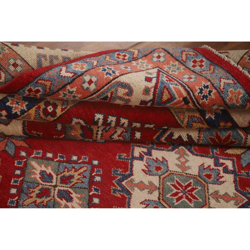 Geometric Kazak Area Rug Hand-Knotted Red Wool Carpet - 6'5" x 9'10"