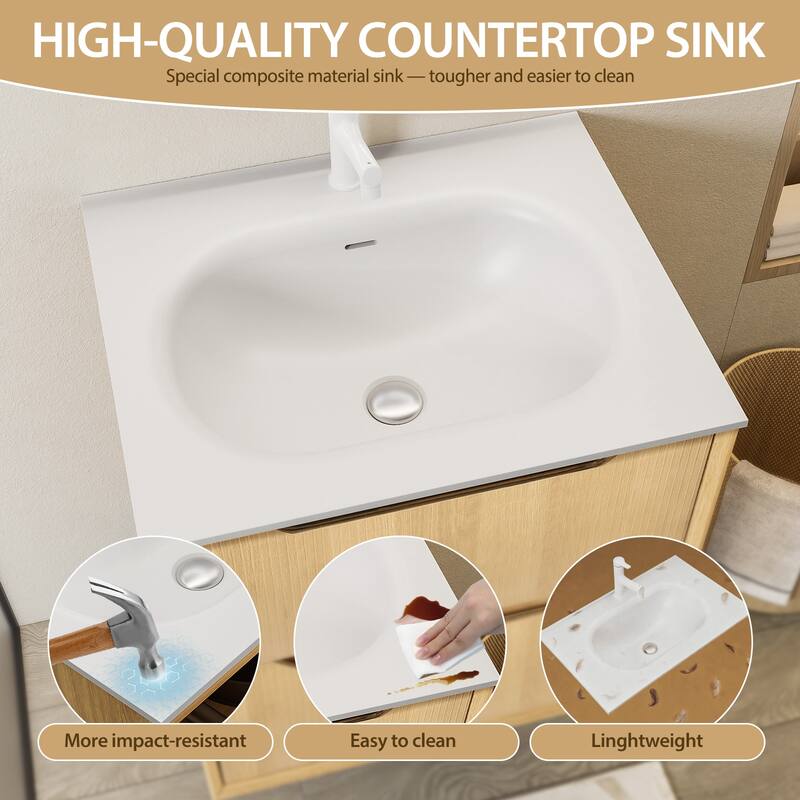 32" Floating Bathroom Vanity with Sink - Multi-Layer Solid Wood, Wall-Mounted with White Stone Top & 2 Soft-Close Drawers