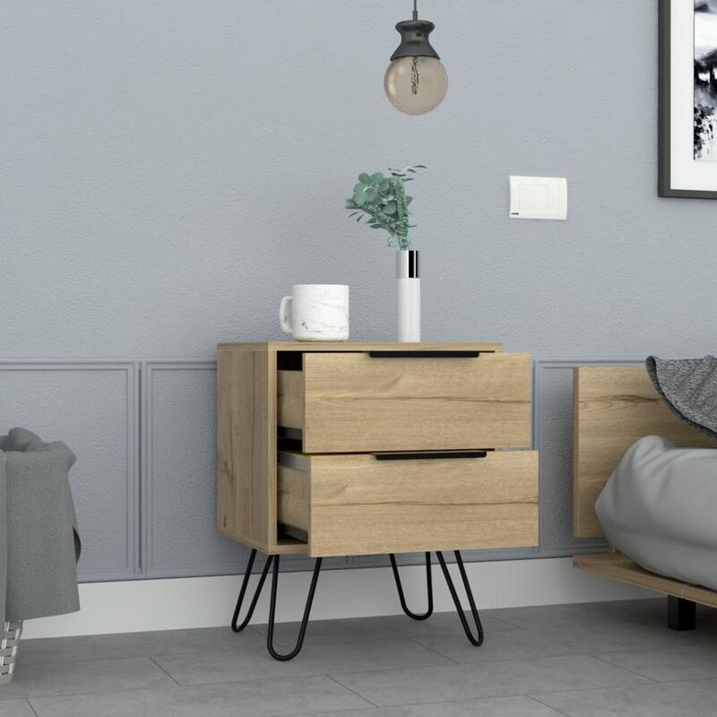 Light Oak Nightstand with Hairpin Legs and Two Drawers