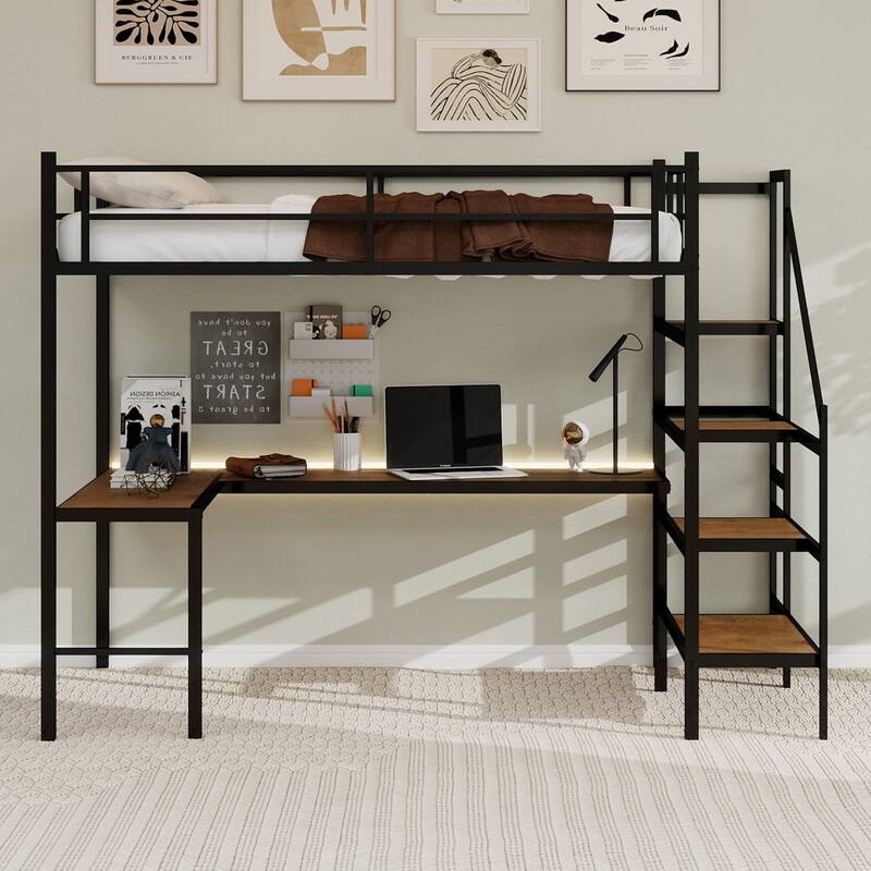 GDFStudio - Iron Loft Bed with L-Shaped Desk & Storage Stairs - Black